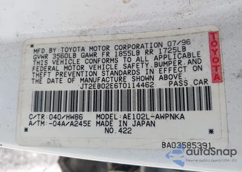 1996 Toyota Corolla Dx z USA, uszkodzony, nr VIN JT2EB02E6T0114462